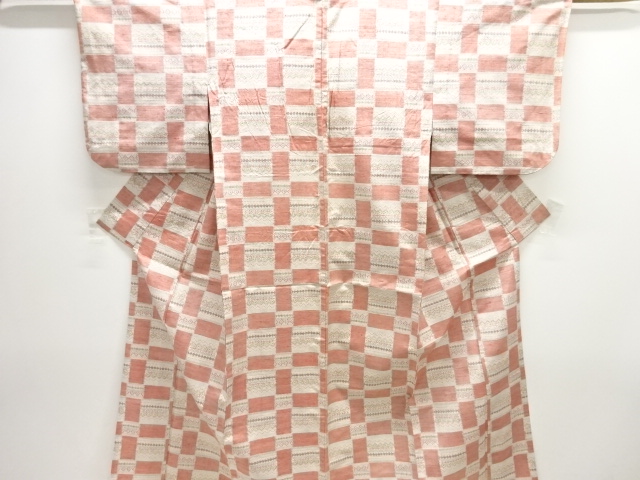 JAPANESE KIMONO / ANTIQUE HITOE KIMONO / SILK / TSUMUGI / WOVEN ABSTRACT GRID